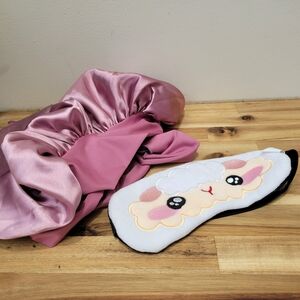 Pink Satin Bonnet with Creme Shop Sheep Eye Mask